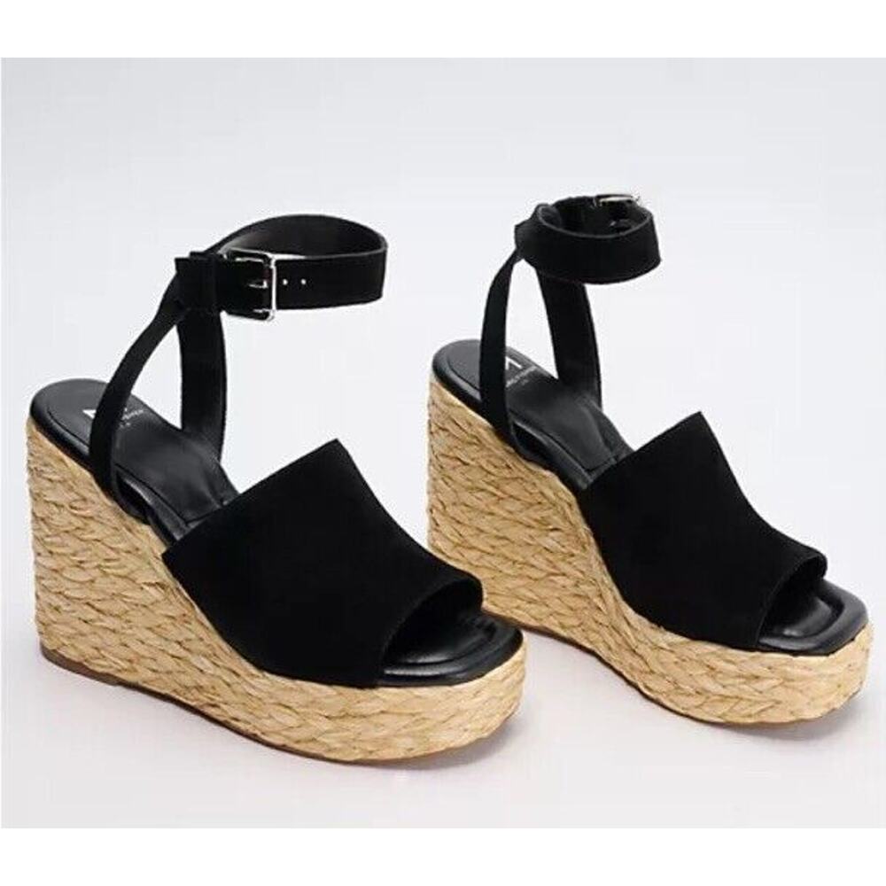 New Marc Fisher LTD Nelly Suede Espadrille Wedge Sandals Ankle‎ Strap Black 10M